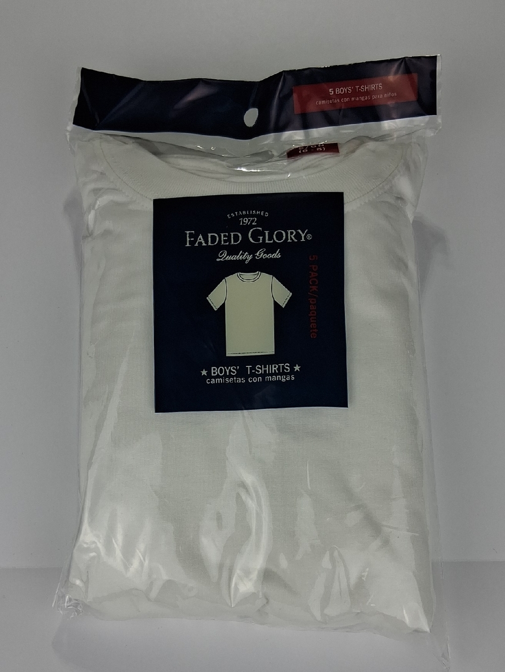 Boys New 5-pack Faded Glory T-shirts Size Small (6/8) White Short Sleeve Crew